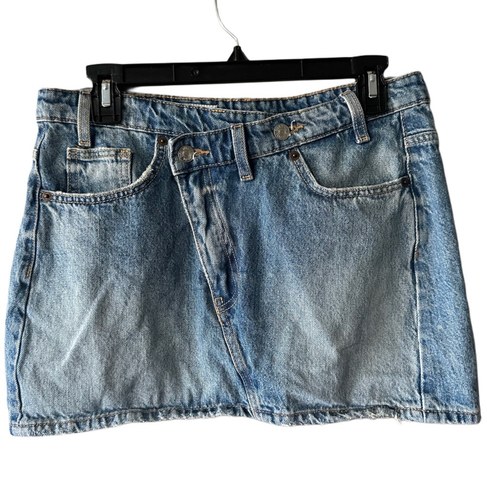 Zara Light Blue Wash Denim Asymmetrical Double Button Mini Skirt
